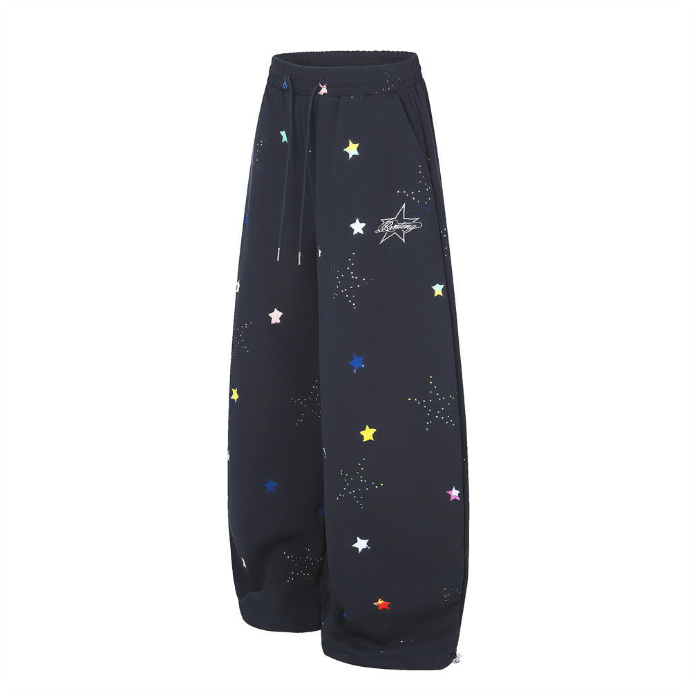Colorful Star Print Wide-Leg Sweatpants – Relaxed Fit Curved Hem Casual Pants