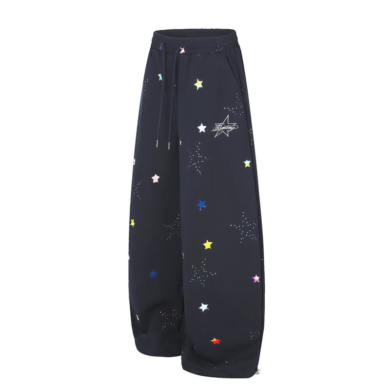 Colorful Star Print Wide-Leg Sweatpants – Relaxed Fit Curved Hem Casual Pants