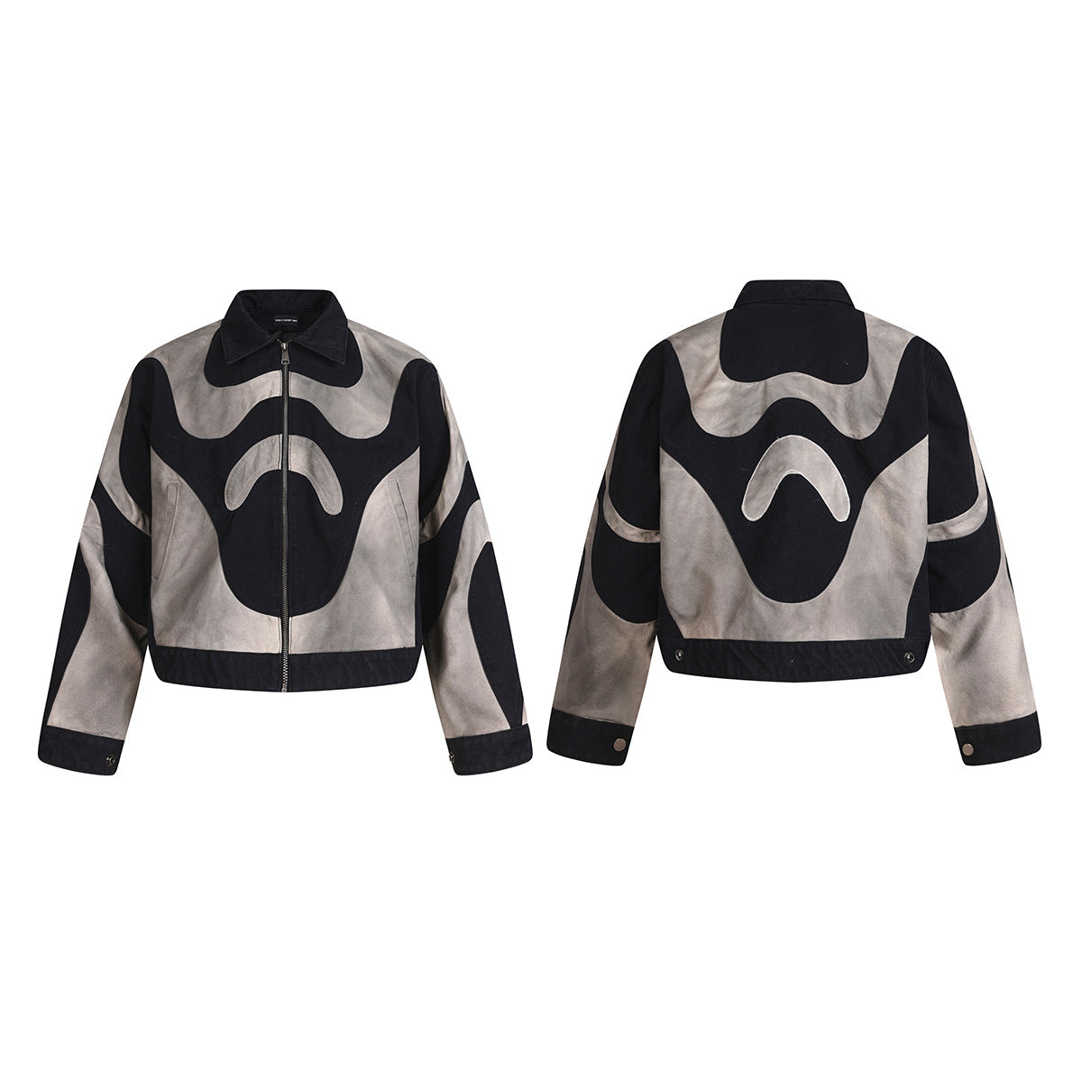 Abstrakte Patchwork-Reißverschlussjacke – Zweifarbig in Schwarz und gewaschenem Grau, verkürzte Harrington-Jacke