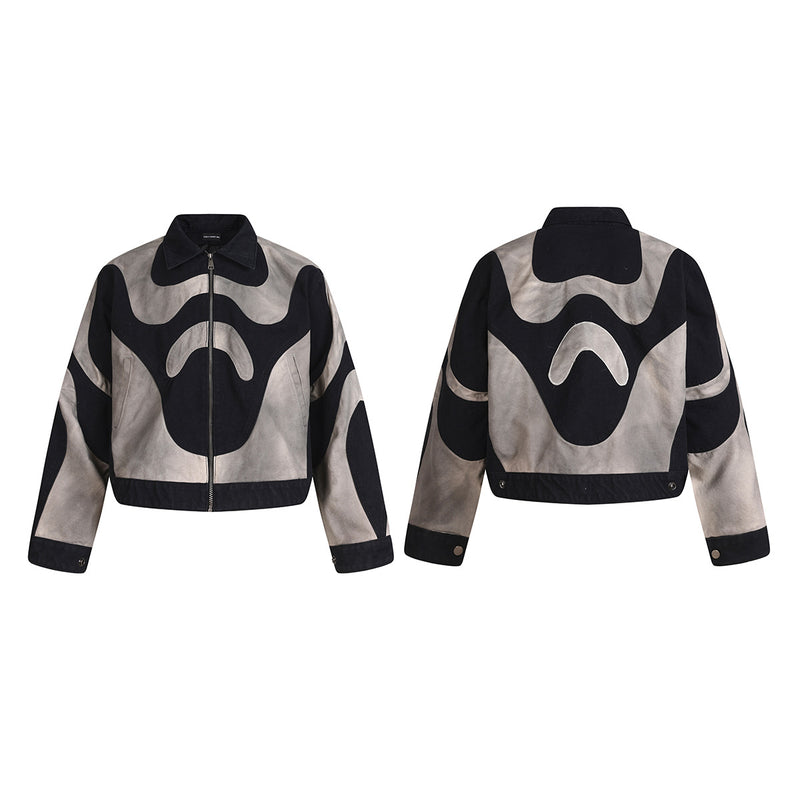 Abstrakte Patchwork-Reißverschlussjacke – Zweifarbig in Schwarz und gewaschenem Grau, verkürzte Harrington-Jacke
