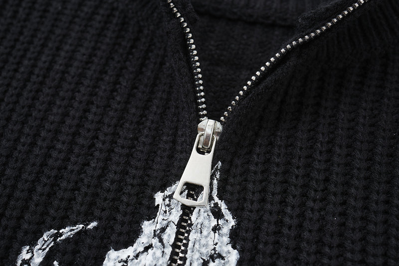 Pull zippé en maille à motif gothique – Col montant punk sombre Abyss Whisper