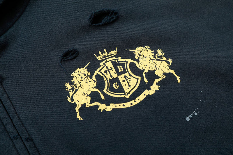 Distressed-Zip-Hoodie mit goldenem Wappenprint – Navy