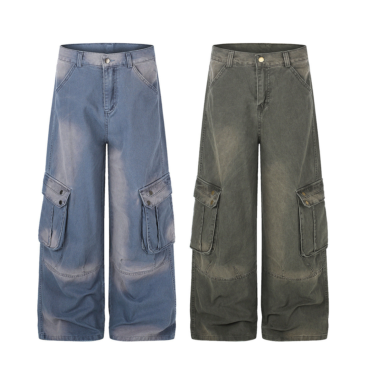 Wide-Leg Cargo Jeans – Washed Denim, Straight-Fit with Multi-Pocket Detail