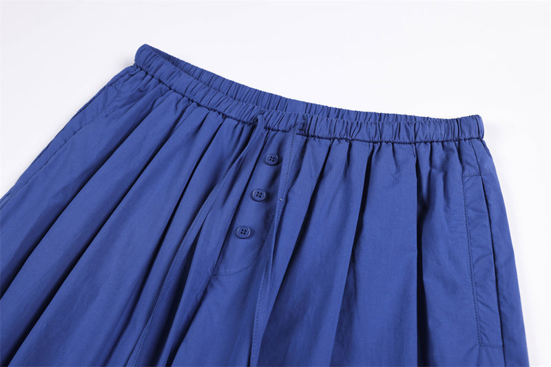 Wide-Leg Relaxed Fit Pants – Elastic Drawstring Waist, Button Placket, Solid