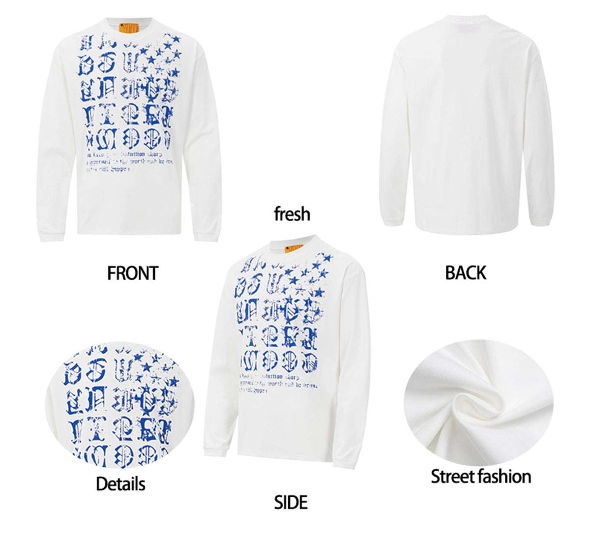 T-shirt manches longues à imprimé lettres gothiques – Col rond streetwear américain vintage