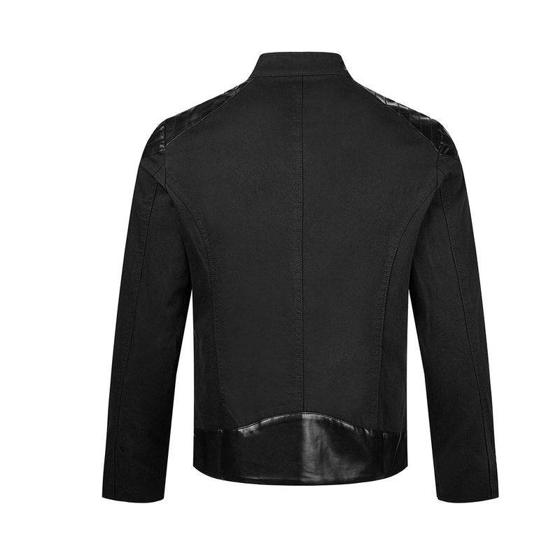 Men's Moto Biker Jacket with Leather Trim, Stand Collar & Zip Detail