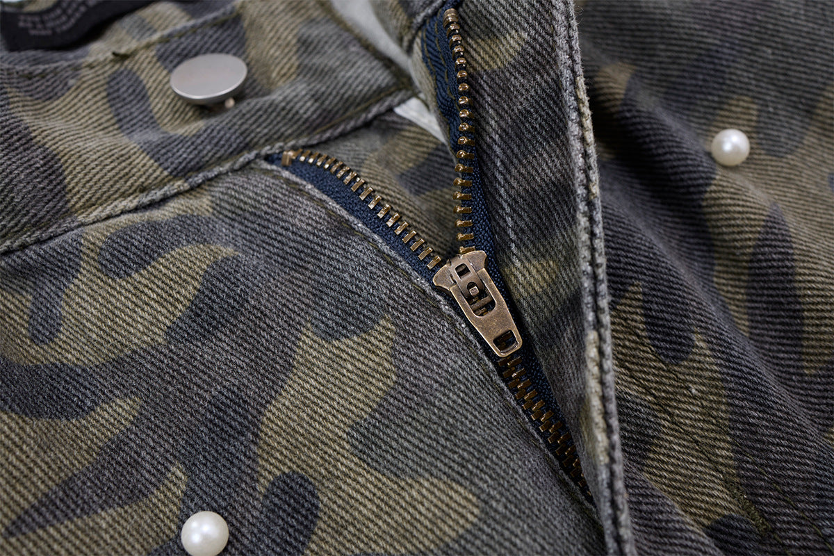Pantalon cargo droit camouflage à clous perles – Denim à jambes larges