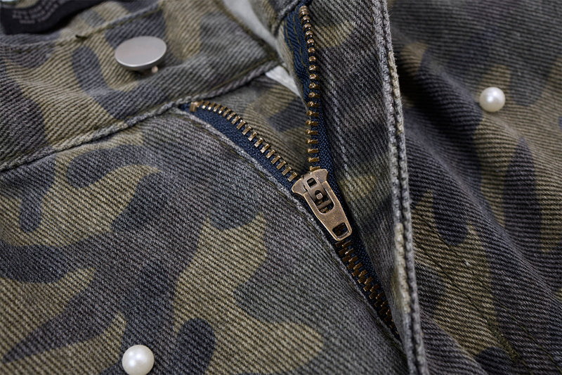 Pantalon cargo droit camouflage à clous perles – Denim à jambes larges