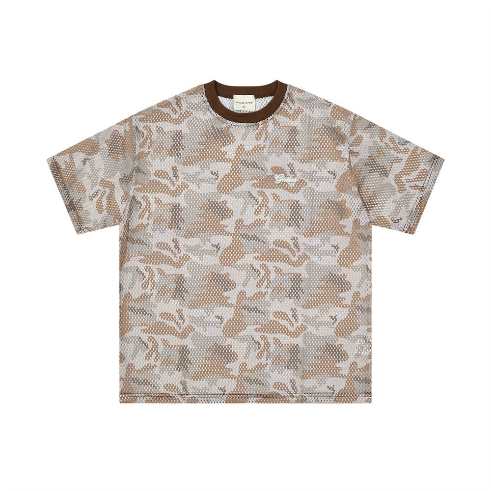 Men's Crew Neck T-Shirt Camo Print Mesh Short Sleeve Oversized Tee
