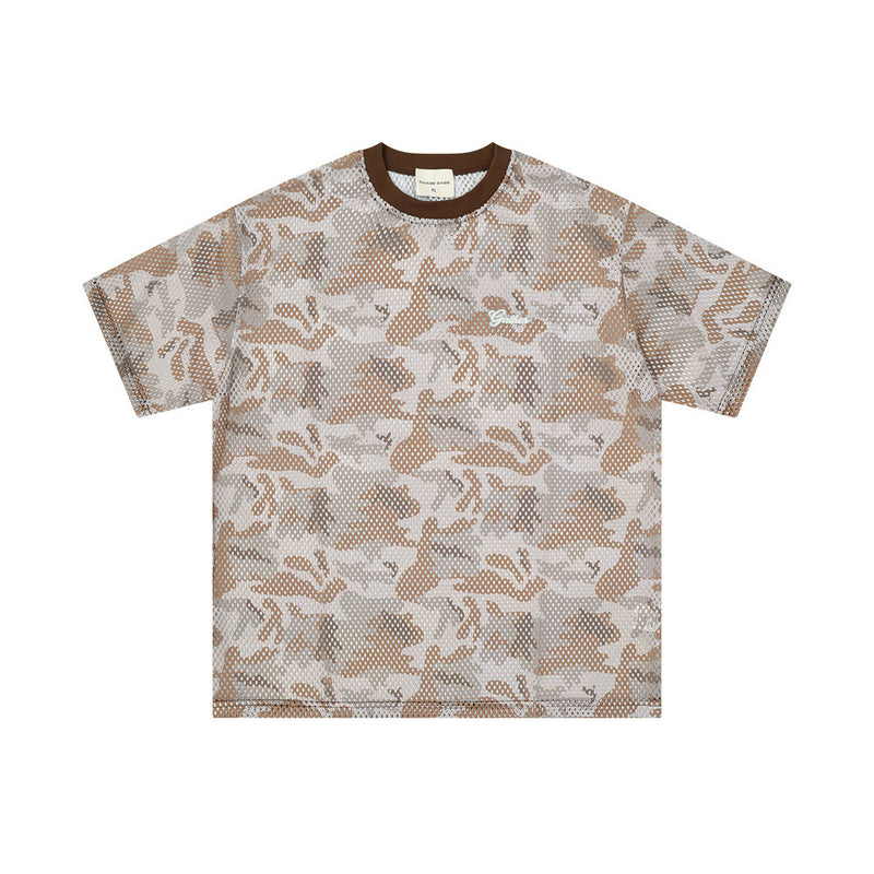 Men's Crew Neck T-Shirt Camo Print Mesh Short Sleeve Oversized Tee