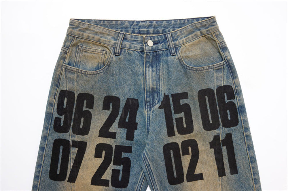 Men's Loose Fit Jeans Vintage Number Print Straight-Leg Baggy Denim Pants