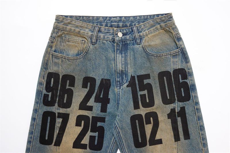 Men's Loose Fit Jeans Vintage Number Print Straight-Leg Baggy Denim Pants