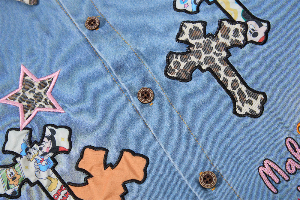 Denim Shirt Men's Long Sleeve Cross Patch Embroidery Leopard Collar Oversized