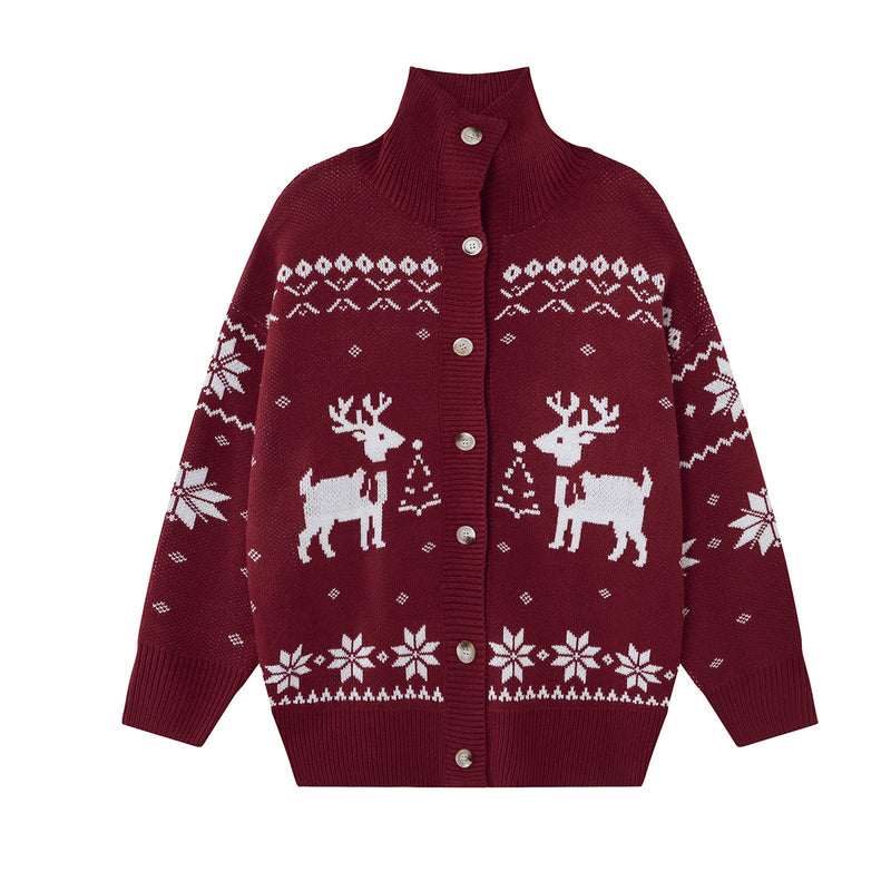 Oversized Christmas reindeer snowflake Fair Isle knit cardigan in burgundy red with turtleneck and button-front closure