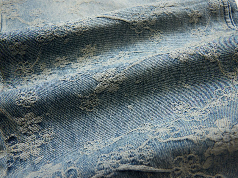 Loose Fit Wide-Leg Jeans – Floral Lace Embroidery, Washed Light Blue Denim