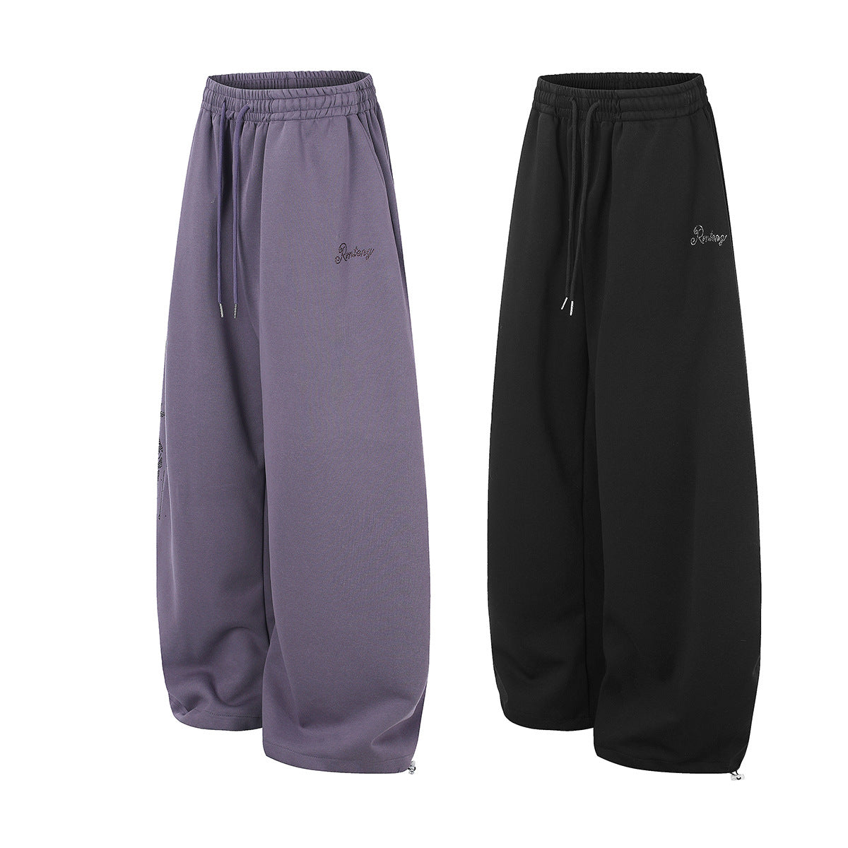 Wide-Leg Sweatpants with Rhinestone Rose Print & Drawstring Waist