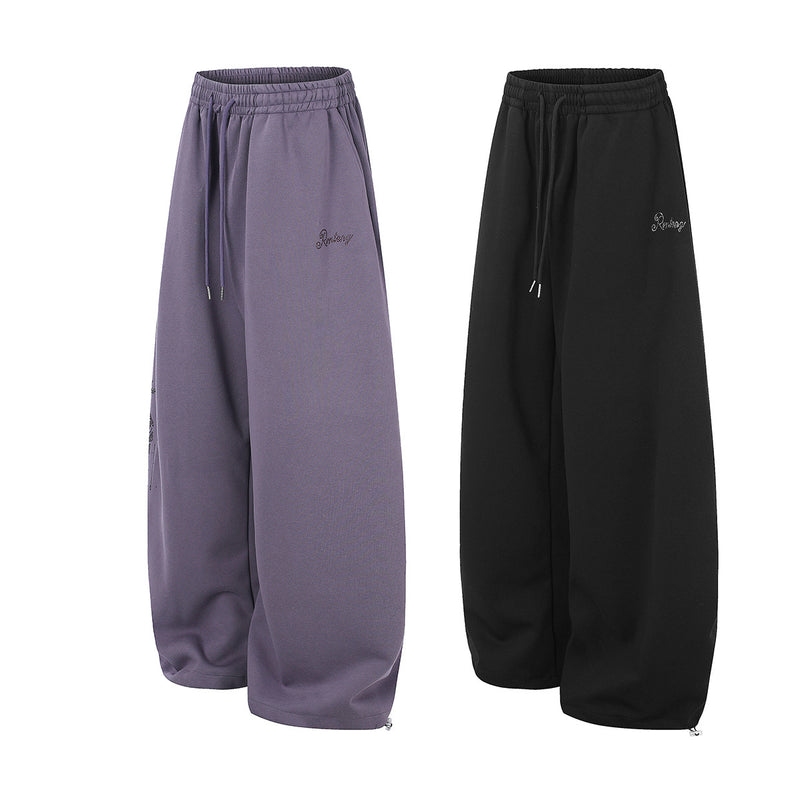 Wide-Leg Sweatpants with Rhinestone Rose Print & Drawstring Waist