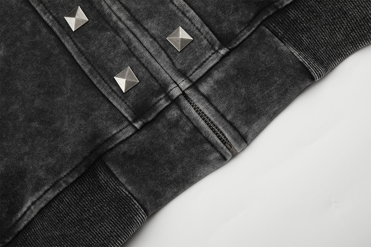 Acid Wash Zip-Up Hoodie with Pyramid Studs – Washed Black