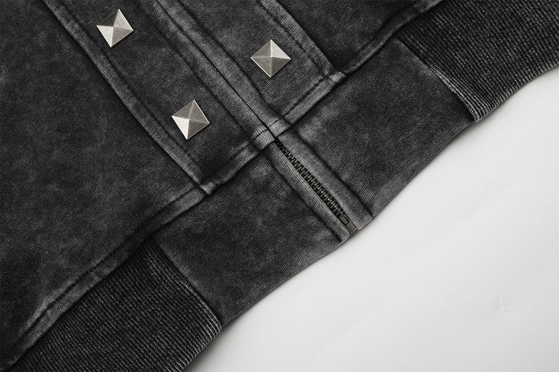 Acid Wash Zip-Up Hoodie with Pyramid Studs – Washed Black