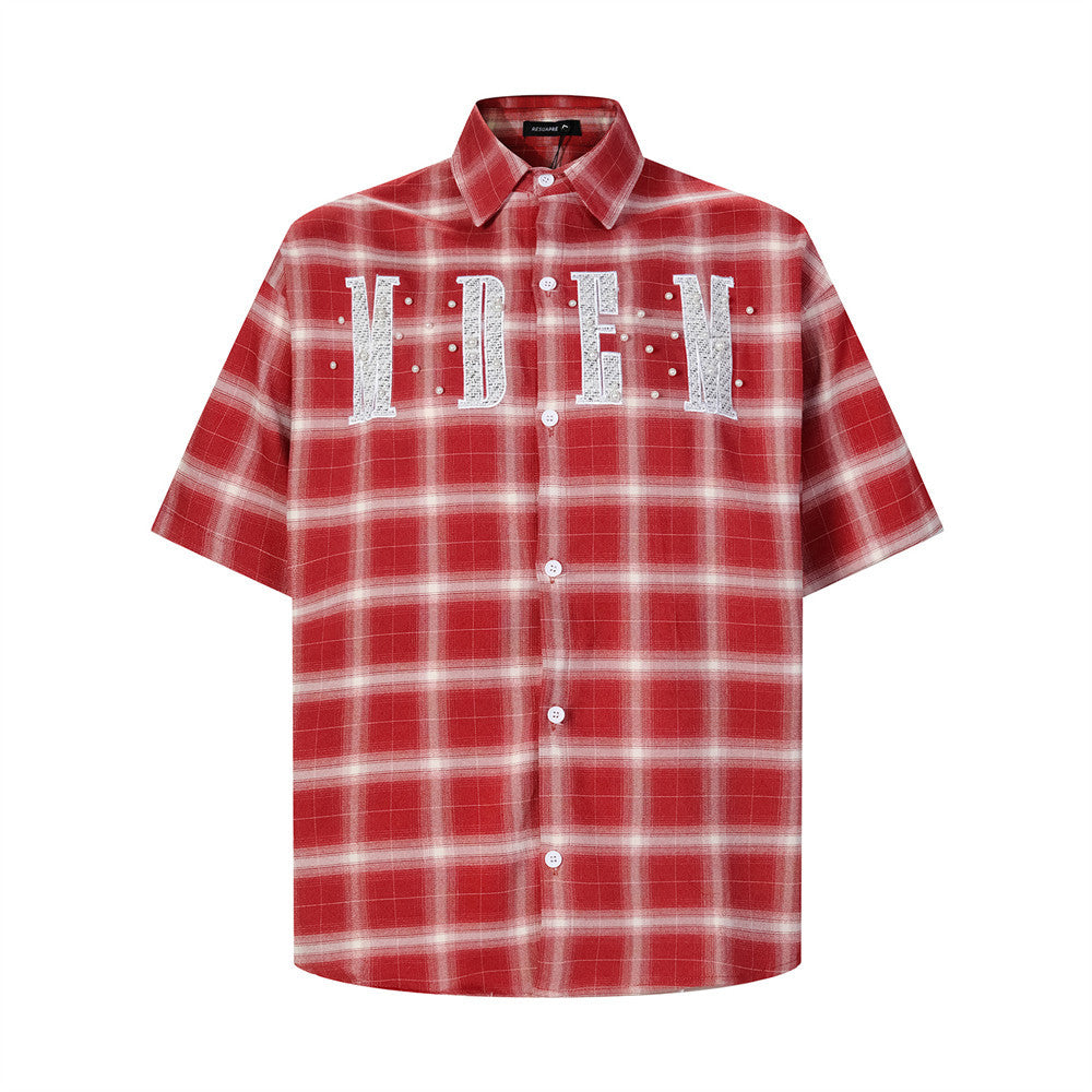 Plaid Short-Sleeve Shirt with Embroidered Letter Patch & Pearl Studs