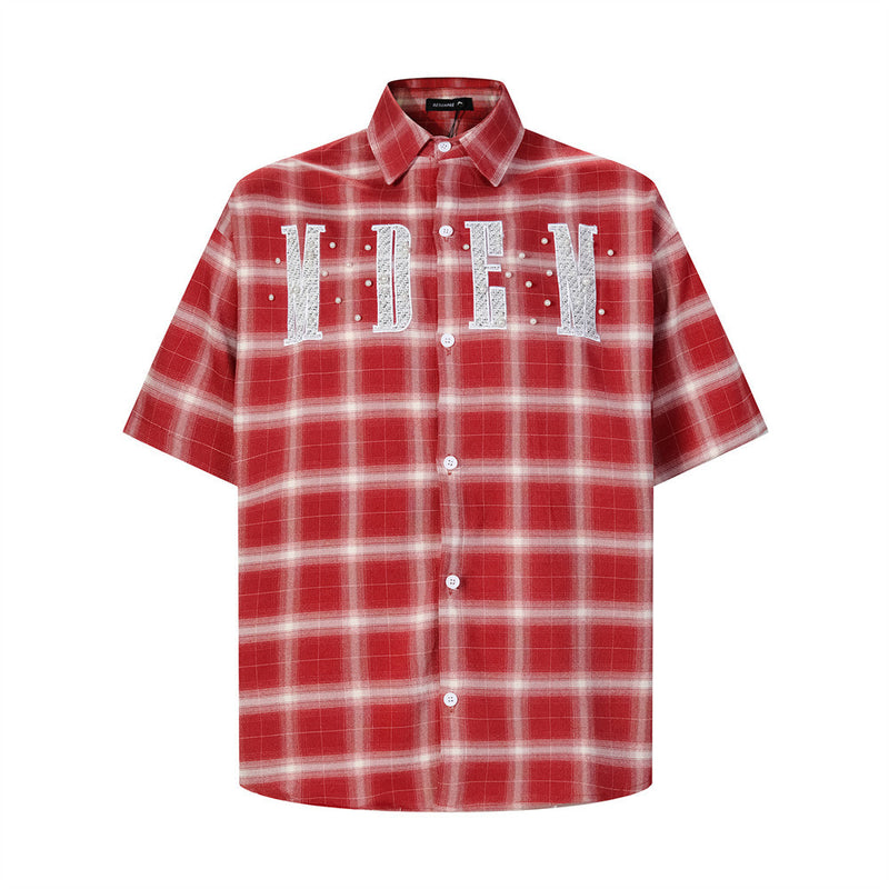 Plaid Short-Sleeve Shirt with Embroidered Letter Patch & Pearl Studs