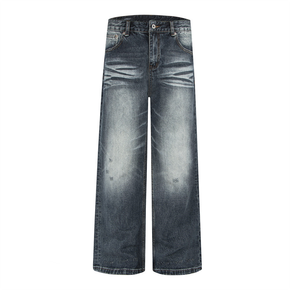 Jean baggy gris à jambes larges pour homme, délavage vintage effet pierre et détails usés, vue de face et de dos