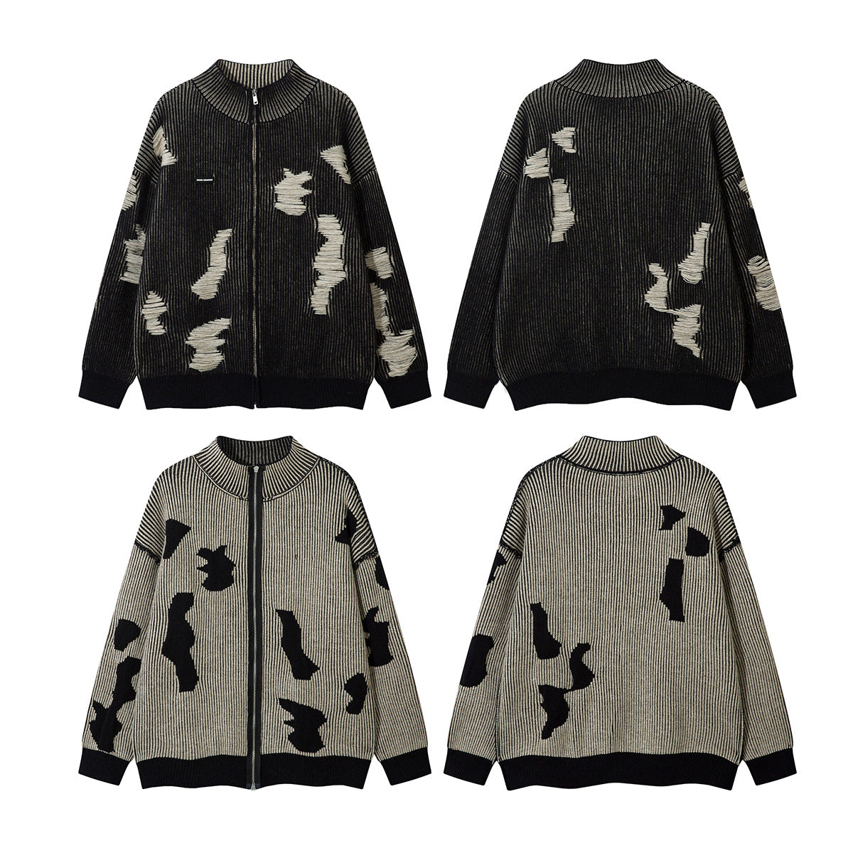 Distressed Knit Zip-Up Cardigan Jacket – Reversible Ribbed Sweater Coat