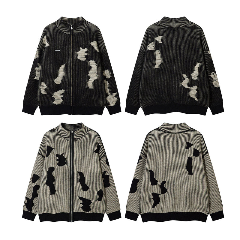Distressed Knit Zip-Up Cardigan Jacket – Reversible Ribbed Sweater Coat