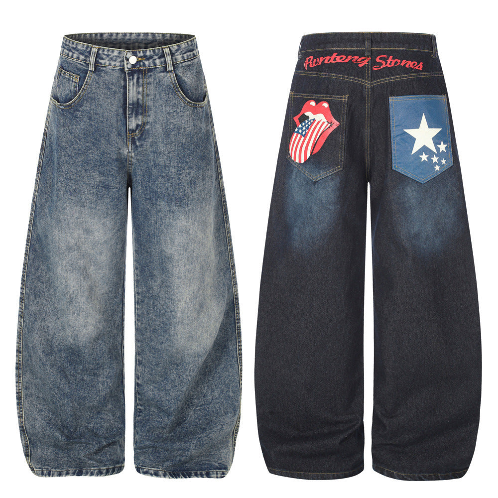 Jean barrel large pour homme – Denim punk streetwear oversize avec motif au dos