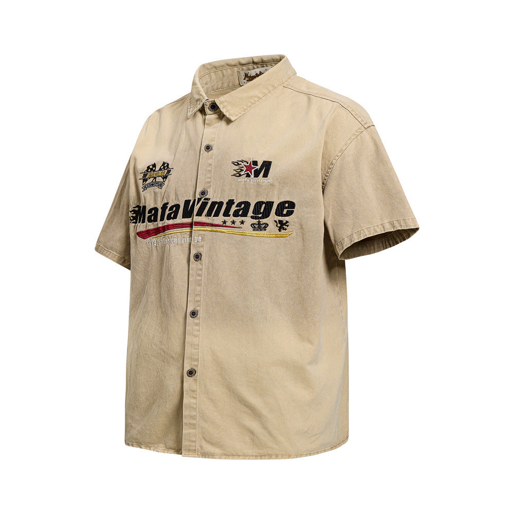 Mafa Vintage Racing Embroidered Short Sleeve Shirt – Washed Khaki Workwear Style