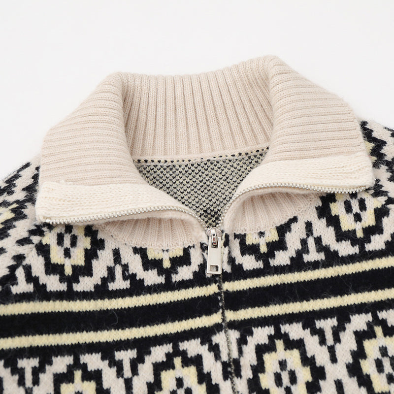 Men's Ethnic Jacquard Zip-Up Knit Cardigan Sweater – Argyle & Floral Pattern