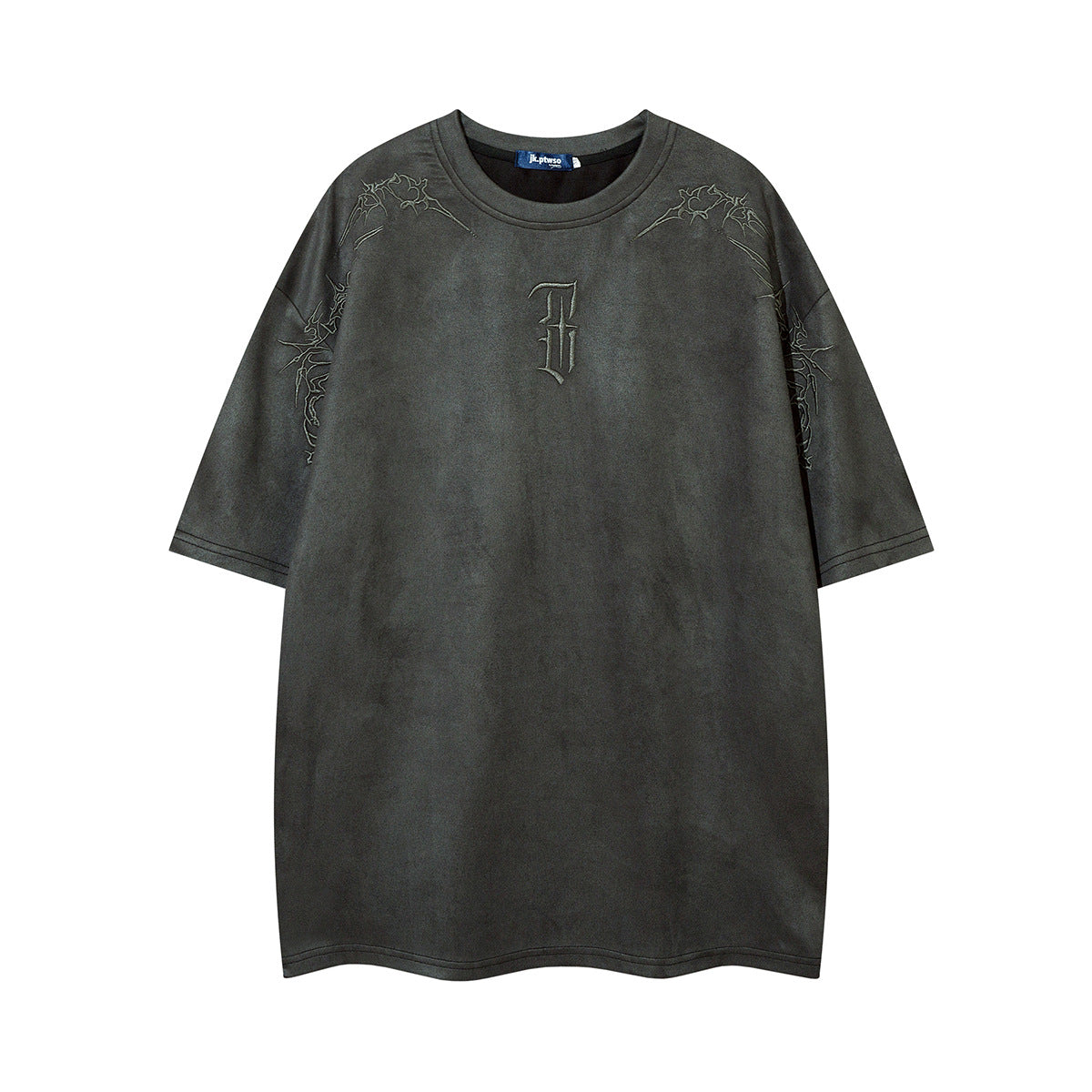 Men's Oversized Suede-Finish Thorn Embroidery Short Sleeve T-Shirt