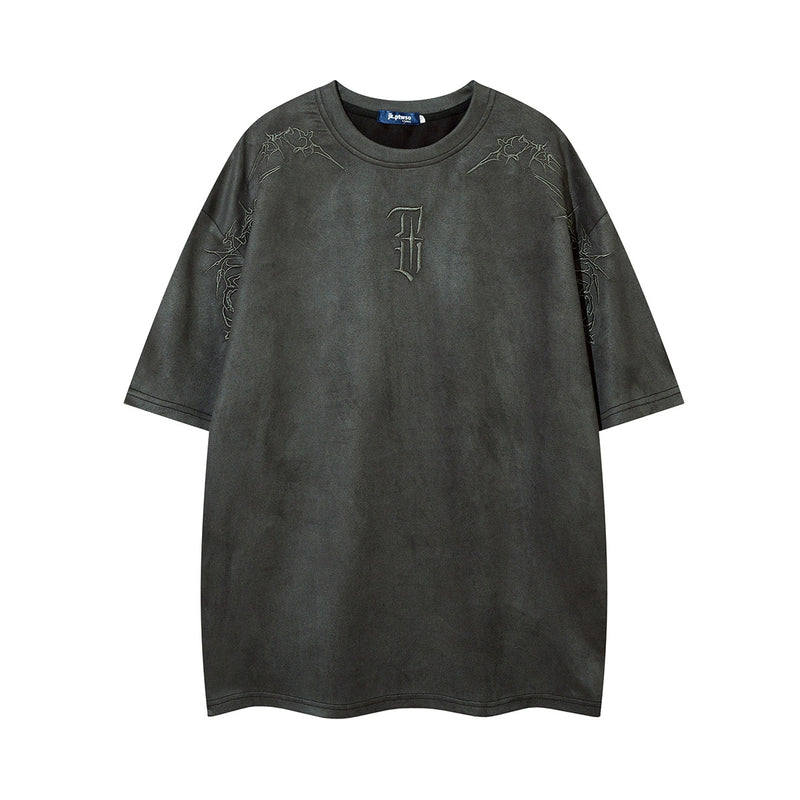 Men's Oversized Suede-Finish Thorn Embroidery Short Sleeve T-Shirt