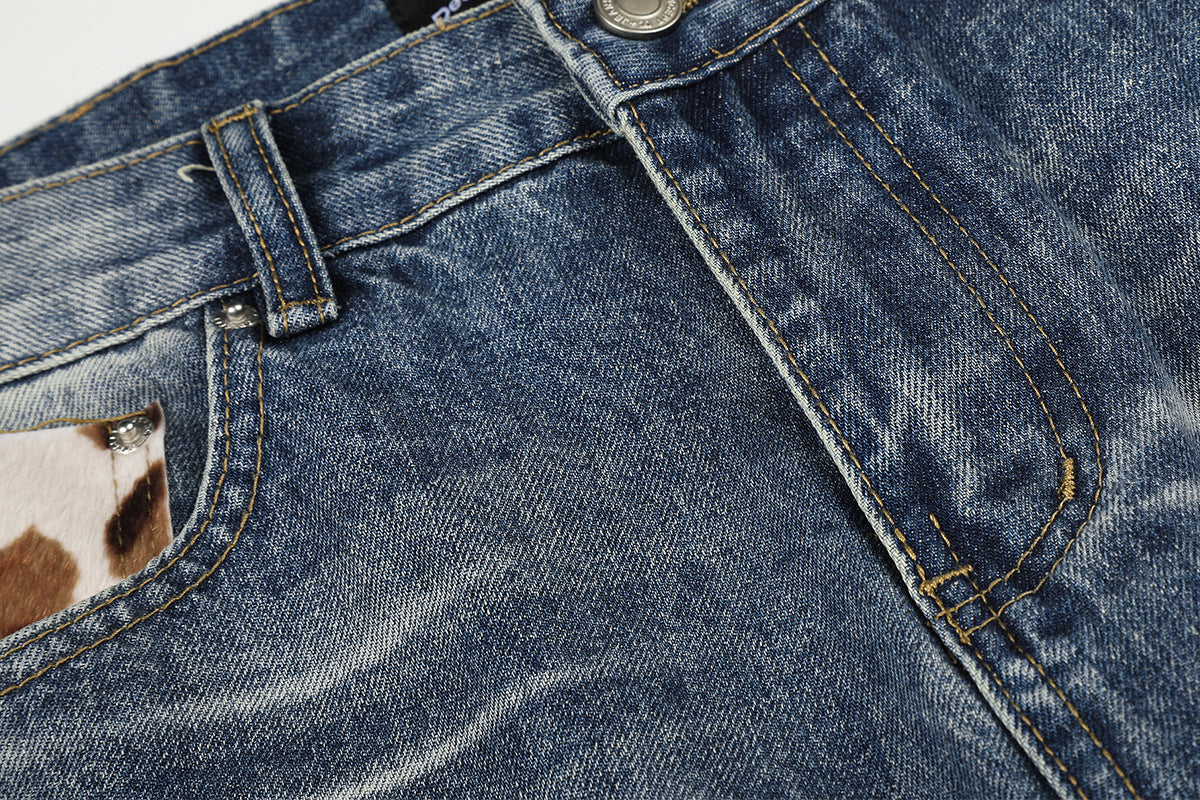 Jean baggy taille mi-haute – Denim délavé à jambes larges avec patchwork étoilé effet vache