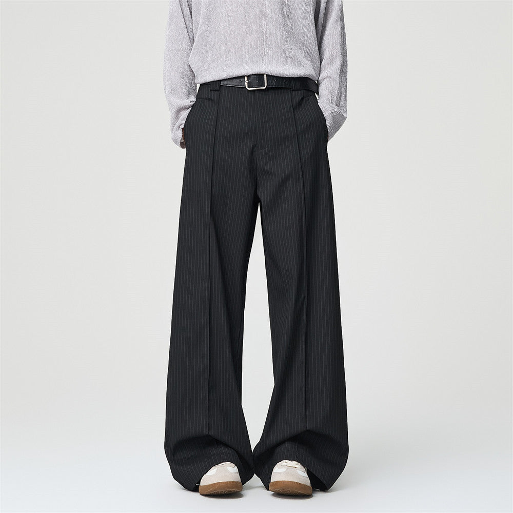 Black pinstripe wide-leg pleated trousers front and back view on white background