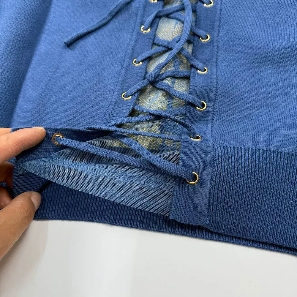 Anime Jacquard Knit Crewneck Sweater Blue Gold Lace-Up Back Graphic