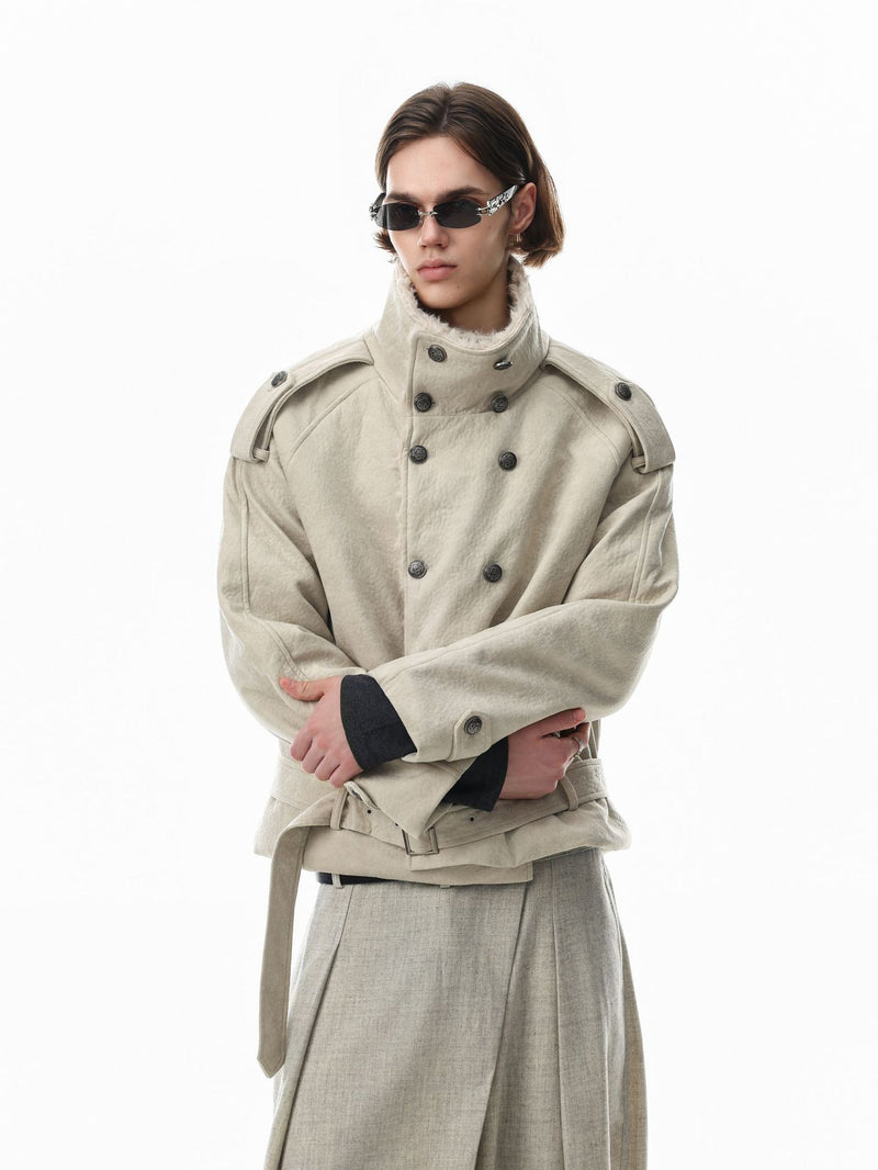 Double-Breasted Shearling-Collar Padded Jacket with Waist Belt