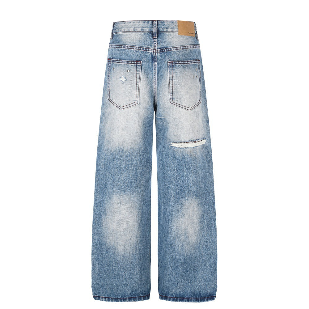 Gradient Washed Distressed Wide-Leg Jeans with Rhinestone Studs