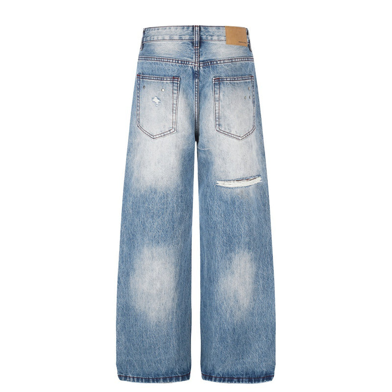 Gradient Washed Distressed Wide-Leg Jeans with Rhinestone Studs