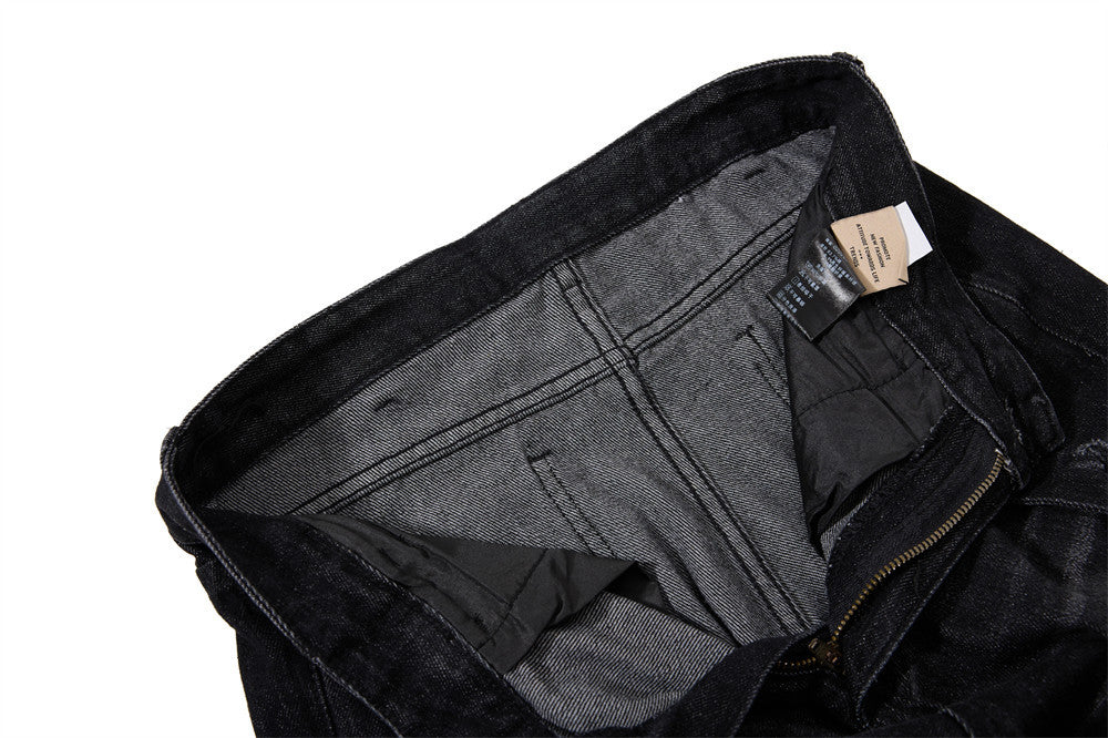 Gothic Buckle Strap Flare Jeans – Men's Washed Black Distressed Denim