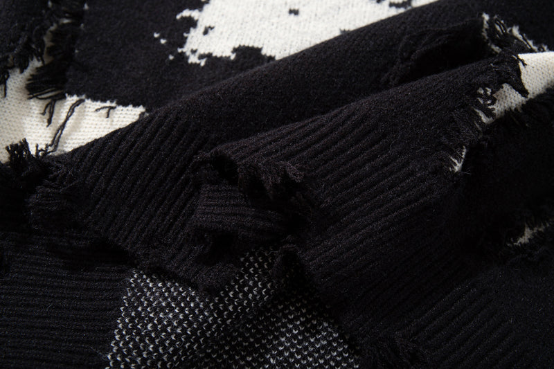 Men's Skull Jacquard Distressed Knit Sweater – Oversized Crewneck