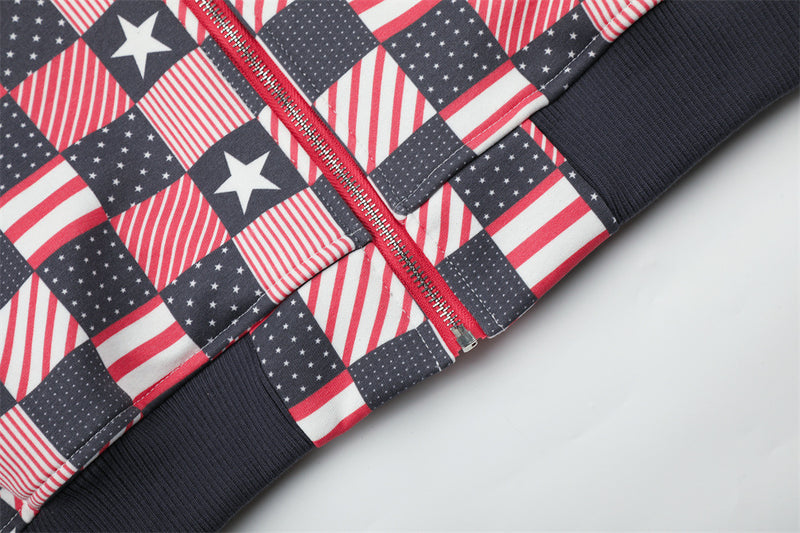 Checkerboard American Flag Print Zip-Up Hoodie Jacket – Oversized Stars &