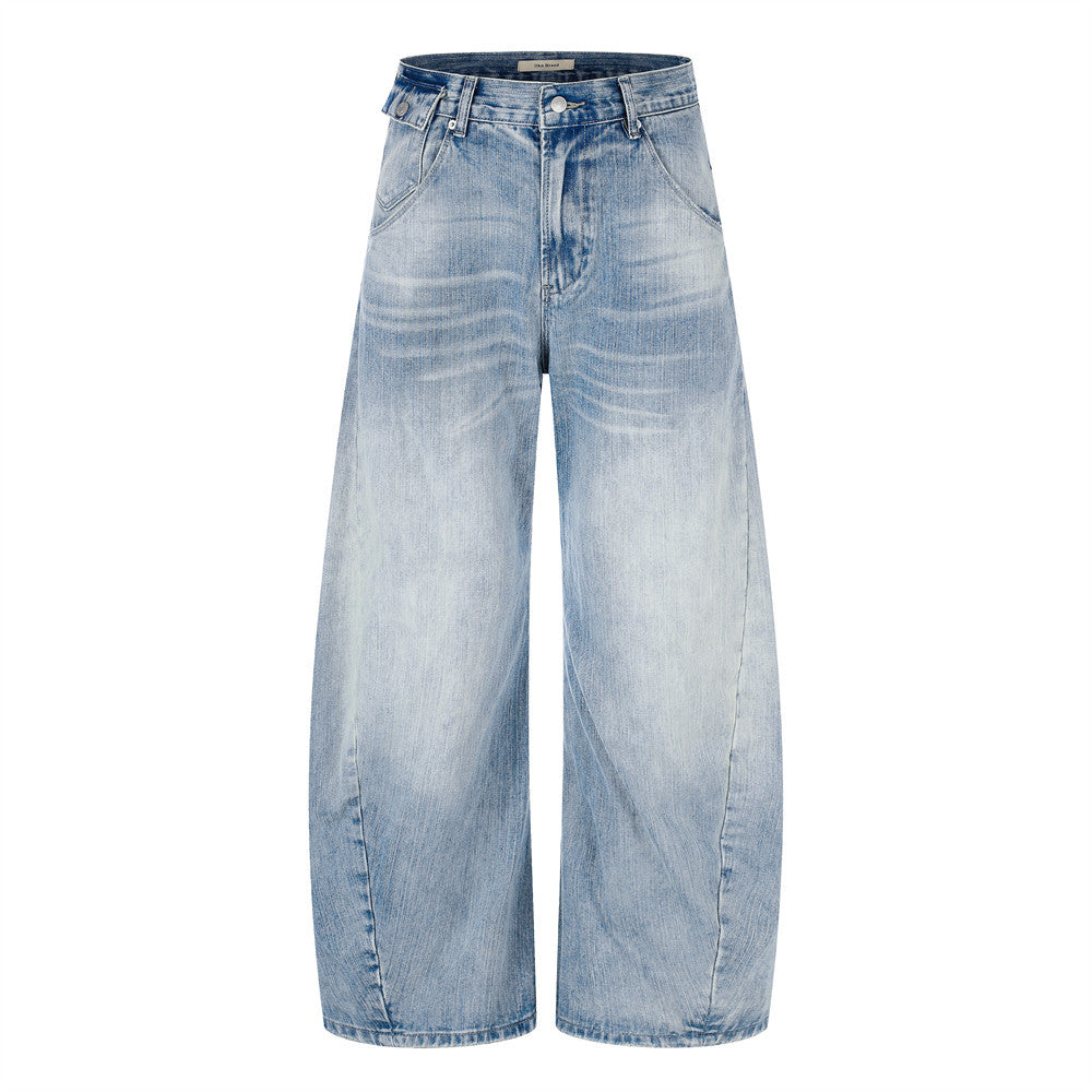 Men's wide-leg barrel jeans in vintage light blue wash with curved inseam seam detailing and high rise waist, front and back