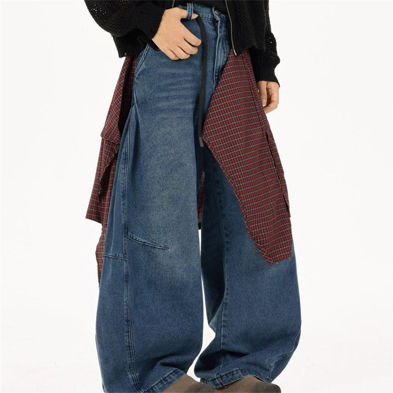 Wide-Leg Baggy Jeans with Detachable Plaid Skirt Overlay — Men's Punk Street