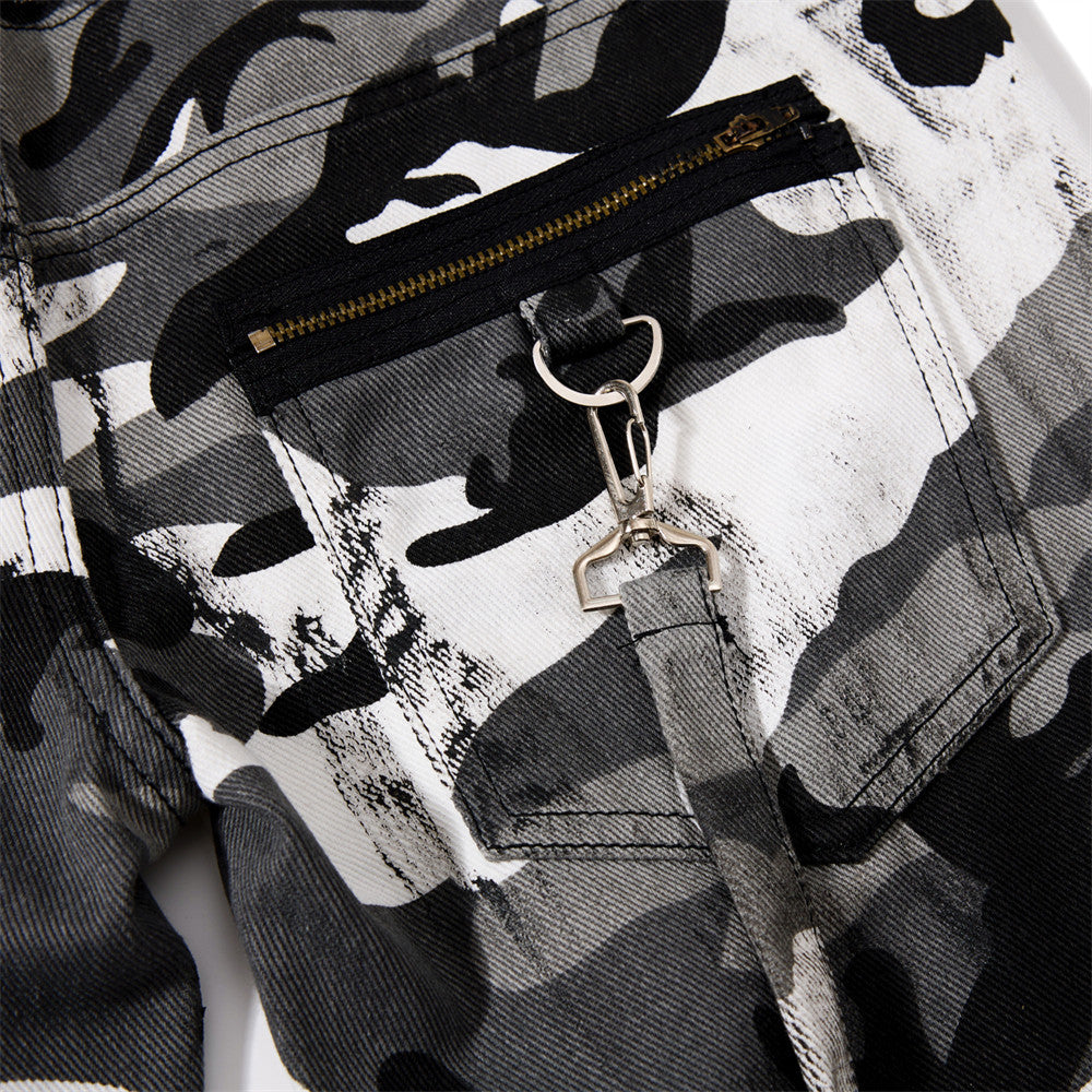 Men's Bell Bottom Pants – Colorblock Camo Punk Flare Trousers with Strap Detail