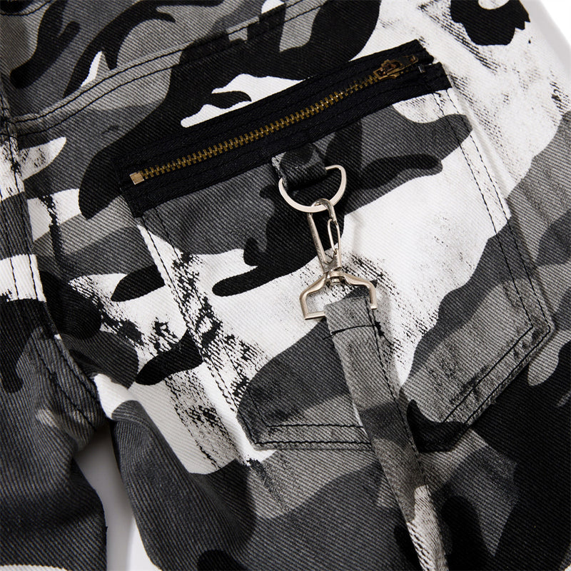 Men's Bell Bottom Pants – Colorblock Camo Punk Flare Trousers with Strap Detail