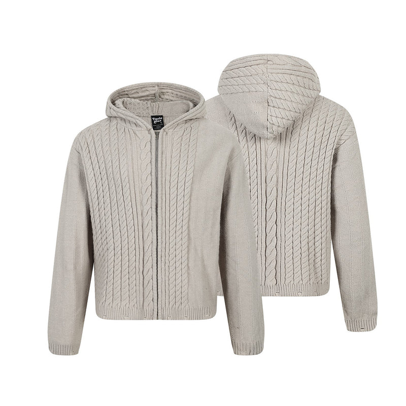 Cable Knit Zip-Up Hoodie Sweater – Irregular Twist Pattern Cardigan