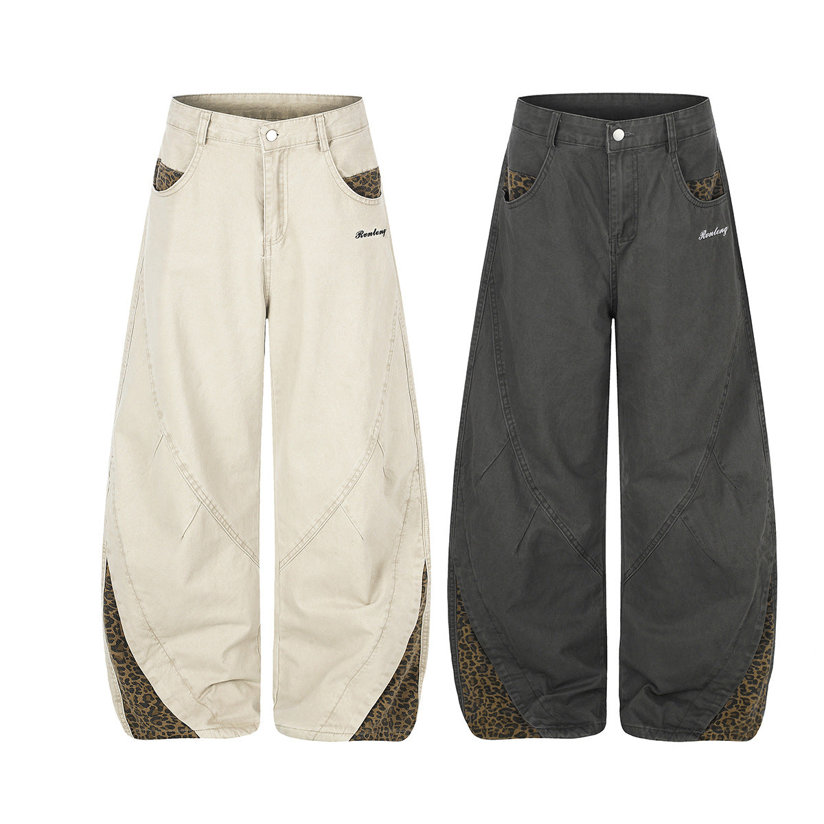 Pantalones de pierna ancha con paneles de estampado de leopardo – Pantalones banana de corte relajado
