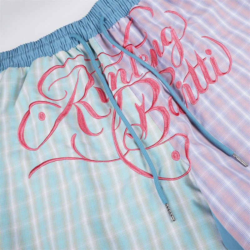 Colorblock Plaid Wide-Leg Parachute Pants with Script Embroidery