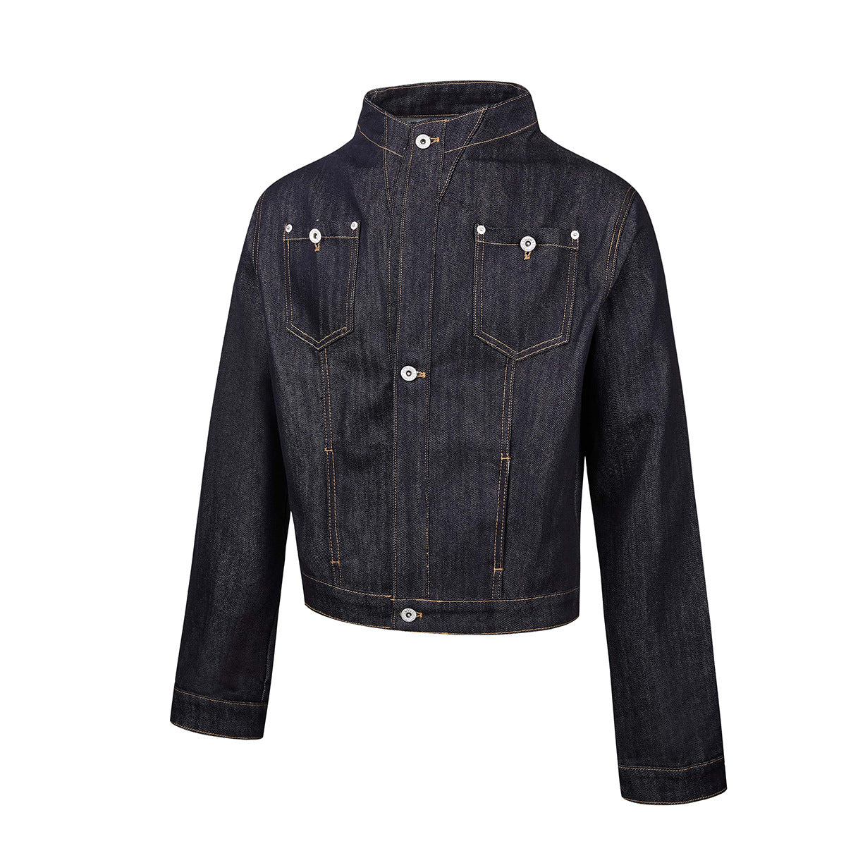 Dark Indigo Denim Moto Jacket – Stand Collar, Cropped Fit, Snap Buttons